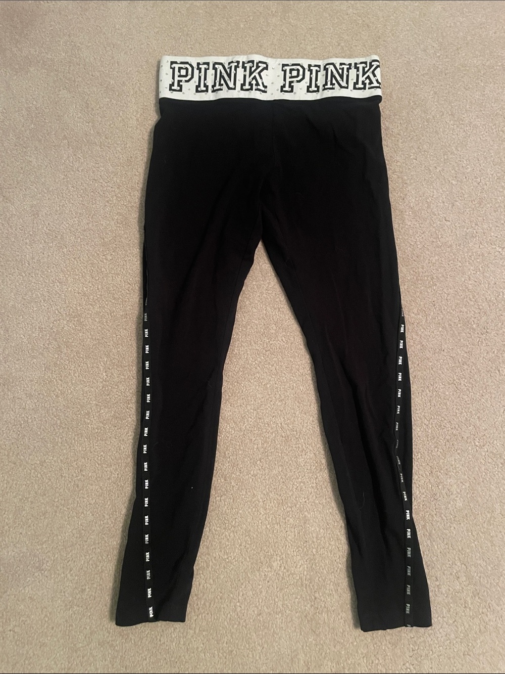 PINK Victoria's Secret Black Leggings with White Logo Rhinestone Waistband